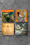 Çığlık, Klimt Aile Kucaklama, Ruhların Geçişi, Da Vinci Vitruvius Adamı Taş Bardak Altlığı Masaüstü Koruyucu Altlık 4 Parça Set 10x10cm Stone Coasters