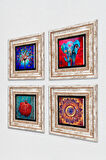 Mandala, Fil, Hayat Ağacı, Nar Taş Duvar Tablosu Çerçeveli Duvar Dekoru 4 Parça Tablo Seti Wall Art