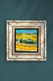 Van Gogh Mavi Arabalı Hasat Manzarası Taş Duvar Tablosu Çerçeveli Duvar Dekoru Wall Art