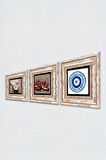 Nazar, Kelebekli Çiçek, Nar Taş Duvar Tablosu Çerçeveli Duvar Dekoru 3 Parça Tablo Seti Wall Art