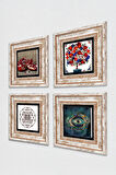 Nazar, Sri Yantra, Nar, Nar Ağacı Taş Duvar Tablosu Çerçeveli Duvar Dekoru 4 Parça Tablo Seti Wall Art