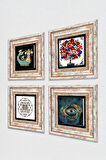 Nazar, Sri Yantra, Şahmeran, Nar Ağacı Taş Duvar Tablosu Çerçeveli Duvar Dekoru 4 Parça Tablo Seti Wall Art
