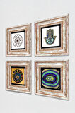 Yaşam Çiçeği, Nazar, Fatma Ana Eli (Hamsa) Taş Duvar Tablosu Çerçeveli Duvar Dekoru 4 Parça Tablo Seti Wall Art