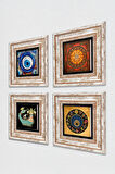 Sri Yantra, Nazar, Şahmeran Taş Duvar Tablosu Çerçeveli Duvar Dekoru 4 Parça Tablo Seti Wall Art