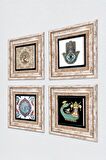 Çini Sanatı, Şahmeran, Hayat Ağacı, Fatma Ana Eli (Hamsa) Taş Duvar Tablosu Çerçeveli Duvar Dekoru 4 Parça Tablo Seti Wall Art