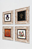 Fatma Ana Eli (Hamsa), Sri Yantra, Şahmeran, Hayat Ağacı Taş Duvar Tablosu Çerçeveli Duvar Dekoru 4 Parça Tablo Seti Wall Art