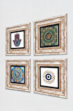 Nazar, Mandala, Fatma Ana Eli (Hamsa) Taş Duvar Tablosu Çerçeveli Duvar Dekoru 4 Parça Tablo Seti Wall Art