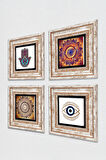 Nazar, Mandala, Fatma Ana Eli (Hamsa) Taş Duvar Tablosu Çerçeveli Duvar Dekoru 4 Parça Tablo Seti Wall Art