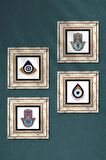 Nazar, Fatma Ana Eli (Hamsa) Taş Duvar Tablosu Çerçeveli Duvar Dekoru 4 Parça Tablo Seti Wall Art