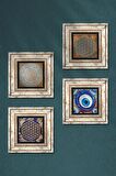 Nazar, Yaşam Çiçeği, Sri Yantra Taş Duvar Tablosu Çerçeveli Duvar Dekoru 4 Parça Tablo Seti Wall Art