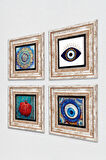 Nazar, Mandala, Nar Taş Duvar Tablosu Çerçeveli Duvar Dekoru 4 Parça Tablo Seti Wall Art