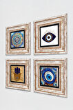 Fatma Ana Eli (Hamsa), Nazar, Mandala Taş Duvar Tablosu Çerçeveli Duvar Dekoru 4 Parça Tablo Seti Wall Art