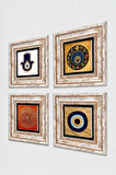 Fatma Ana Eli (Hamsa), Sri Yantra, Nazar Taş Duvar Tablosu Çerçeveli Duvar Dekoru 4 Parça Tablo Seti Wall Art