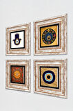 Fatma Ana Eli (Hamsa), Sri Yantra, Nazar Taş Duvar Tablosu Çerçeveli Duvar Dekoru 4 Parça Tablo Seti Wall Art