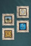 Şems Suresi, Hu, Kabe-i Muazzama, Mührü Şerif Taş Duvar Tablosu Çerçeveli Duvar Dekoru 4 Parça Tablo Seti Wall Art