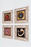 Mandala, Vav, Nazar, Bereket Duası Taş Duvar Tablosu Çerçeveli Duvar Dekoru 4 Parça Tablo Seti Wall Art
