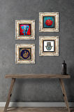 Fil, Tavus Kuşu, Nar, Fatma Ana Eli (Hamsa) Taş Duvar Tablosu Çerçeveli Duvar Dekoru 4 Parça Tablo Seti Wall Art