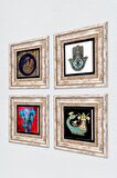Fil, Tavus Kuşu, Şahmeran, Fatma Ana Eli (Hamsa) Taş Duvar Tablosu Çerçeveli Duvar Dekoru 4 Parça Tablo Seti Wall Art