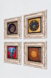 Fil, Tavus Kuşu, Sri Yantra, Nazar Taş Duvar Tablosu Çerçeveli Duvar Dekoru 4 Parça Tablo Seti Wall Art