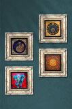 Fil, Tavus Kuşu, Sri Yantra, Nazar Taş Duvar Tablosu Çerçeveli Duvar Dekoru 4 Parça Tablo Seti Wall Art