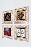 Fil, Tavus Kuşu, Sri Yantra, Nazar Taş Duvar Tablosu Çerçeveli Duvar Dekoru 4 Parça Tablo Seti Wall Art