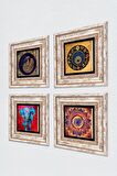 Mandala, Fil, Tavus Kuşu, Nazar Taş Duvar Tablosu Çerçeveli Duvar Dekoru 4 Parça Tablo Seti Wall Art