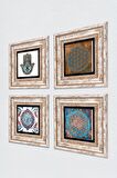 Yaşam Çiçeği, Çini Sanatı, Fatma Ana Eli (Hamsa) Taş Duvar Tablosu Çerçeveli Duvar Dekoru 4 Parça Tablo Seti Wall Art