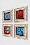 Kuş, Nazar, Çini Sanatı Balık, Van Gogh Badem Ağacı Taş Duvar Tablosu Çerçeveli Duvar Dekoru 4 Parça Tablo Seti Wall Art