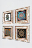 Sri Yantra, Yaşam Çiçeği, Fatma Ana Eli (Hamsa) Taş Duvar Tablosu Çerçeveli Duvar Dekoru 4 Parça Tablo Seti Wall Art