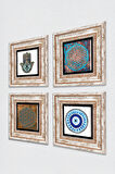 Nazar, Yaşam Çiçeği, Fatma Ana Eli (Hamsa) Taş Duvar Tablosu Çerçeveli Duvar Dekoru 4 Parça Tablo Seti Wall Art
