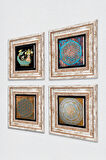 Yaşam Çiçeği, Sri Yantra, Şahmeran Taş Duvar Tablosu Çerçeveli Duvar Dekoru 4 Parça Tablo Seti Wall Art