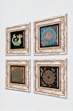 Sri Yantra, Yaşam Çiçeği, Şahmeran Taş Duvar Tablosu Çerçeveli Duvar Dekoru 4 Parça Tablo Seti Wall Art
