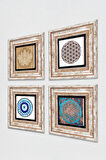 Nazar, Lotus Çiçeği, Yaşam Çiçeği Taş Duvar Tablosu Çerçeveli Duvar Dekoru 4 Parça Tablo Seti Wall Art