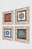 Nazar, Mandala, Yaşam Çiçeği Taş Duvar Tablosu Çerçeveli Duvar Dekoru 4 Parça Tablo Seti Wall Art
