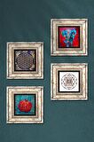 Fil, Sri Yantra, Yaşam Çiçeği, Nar Taş Duvar Tablosu Çerçeveli Duvar Dekoru 4 Parça Tablo Seti Wall Art