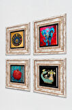 Fil, Nazar, Şahmeran, Nar Taş Duvar Tablosu Çerçeveli Duvar Dekoru 4 Parça Tablo Seti Wall Art