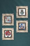 Çini Sanatı Yelkenli Gemi, Lale, Nar Ağacı, Fatma Ana Eli (Hamsa) Taş Duvar Tablosu Çerçeveli Duvar Dekoru 4 Parça Tablo Seti Wall Art