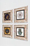 Tavus Kuşu, Sri Yantra, Nazar, Fatma Ana Eli (Hamsa) Taş Duvar Tablosu Çerçeveli Duvar Dekoru 4 Parça Tablo Seti Wall Art