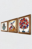 Semazen, Nar Ağacı, Fatma Ana Eli (Hamsa) Taş Duvar Tablosu Ahşap Çerçeveli Duvar Dekoru 3 Parça Tablo Seti Wall Art