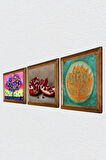 Lotus Çiçeği, Hayat Ağacı, Nar Taş Duvar Tablosu Ahşap Çerçeveli Duvar Dekoru 3 Parça Tablo Seti Wall Art