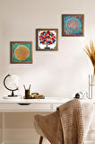 Yaşam Çiçeği, Lotus Çiçeği, Nar Ağacı Taş Duvar Tablosu Ahşap Çerçeveli Duvar Dekoru 3 Parça Tablo Seti Wall Art
