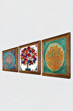 Yaşam Çiçeği, Lotus Çiçeği, Nar Ağacı Taş Duvar Tablosu Ahşap Çerçeveli Duvar Dekoru 3 Parça Tablo Seti Wall Art