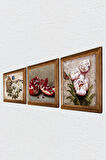 Kelebekli Çiçek, Nar Taş Duvar Tablosu Ahşap Çerçeveli Duvar Dekoru 3 Parça Tablo Seti Wall Art