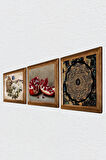 Sri Yantra, Kelebekli Çiçek, Nar Taş Duvar Tablosu Ahşap Çerçeveli Duvar Dekoru 3 Parça Tablo Seti Wall Art