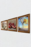 Salvador Dalí, Kelebekli Çiçek, Nar Taş Duvar Tablosu Ahşap Çerçeveli Duvar Dekoru 3 Parça Tablo Seti Wall Art