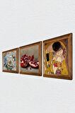 Gustav Klimt Öpücük, Kelebekli Çiçek, Nar Taş Duvar Tablosu Ahşap Çerçeveli Duvar Dekoru 3 Parça Tablo Seti Wall Art