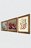 Allah Lafzı, Kelebekli Çiçek, Nar Taş Duvar Tablosu Ahşap Çerçeveli Duvar Dekoru 3 Parça Tablo Seti Wall Art