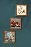 Allah Lafzı, Kelebekli Çiçek, Nar Taş Duvar Tablosu Ahşap Çerçeveli Duvar Dekoru 3 Parça Tablo Seti Wall Art