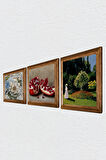 Claude Monet Bahçedeki Kadın, Kelebekli Çiçek, Nar Taş Duvar Tablosu Ahşap Çerçeveli Duvar Dekoru 3 Parça Tablo Seti Wall Art
