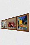 Van Gogh Kafe Terasta Gece, Kelebekli Çiçek, Nar Taş Duvar Tablosu Ahşap Çerçeveli Duvar Dekoru 3 Parça Tablo Seti Wall Art